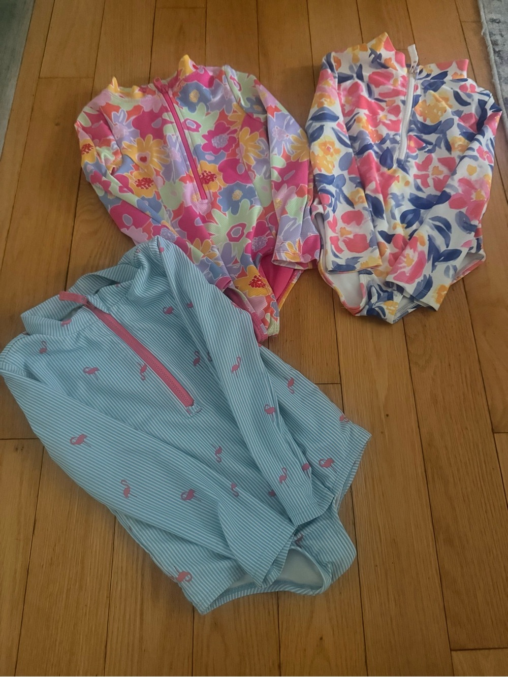 3-Pack Girls Floral & Stripe Rash Guard Swimsuits - Pink, Yellow, Blue
